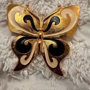 Monet Vintage Gold Toned and Black Butterfly Brooch